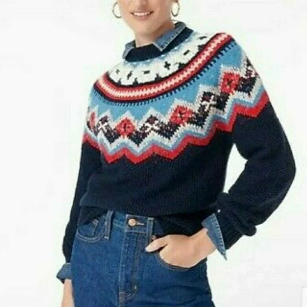 J. Crew Zigzag Fair Isle Sweater Wool Blend Navy Blue in Small